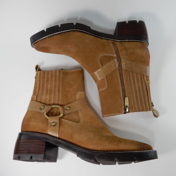 Donald Pliner Mai Moto Boots Size 8 Brown Suede Leather Saddle Harness NEW - Picture 9 of 14